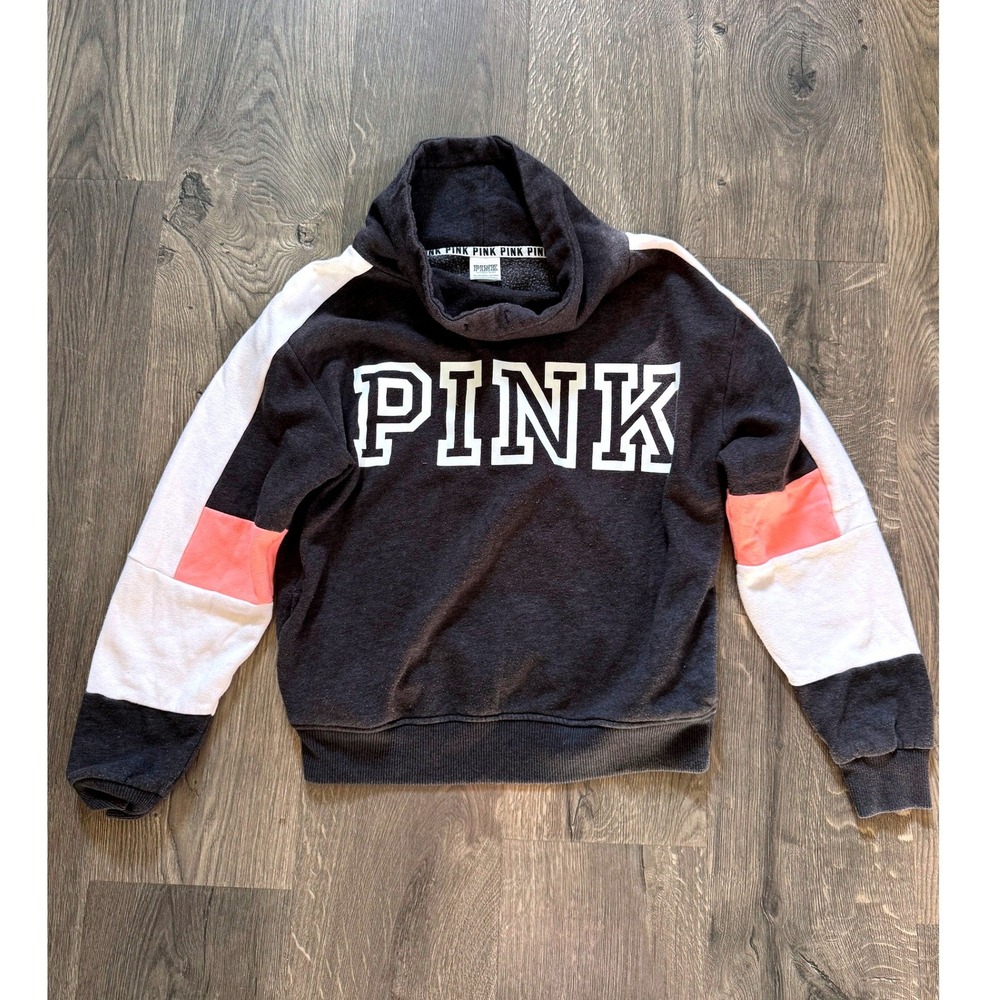PINK Victoria's Secret Funnel Neck Sweatshirt XS Gray Colorblock Logo Excellent